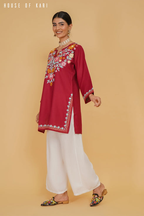 Aditi in Kashmiri Aari Work Cotton Short Kurta – Maroon